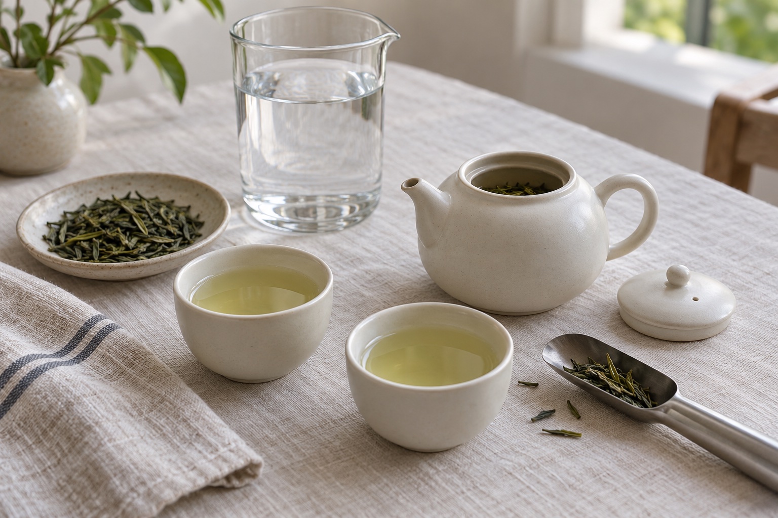 Illustration of a teapot, two cups of green tea, dry leaves and water.