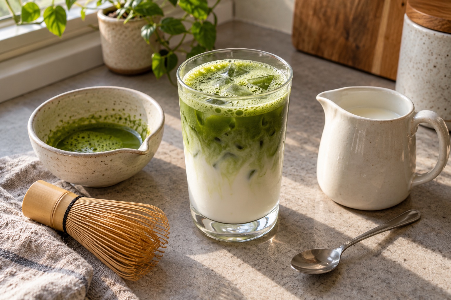 Illustration of a layered matcha latte beside a bowl, whisk and milk pitcher.