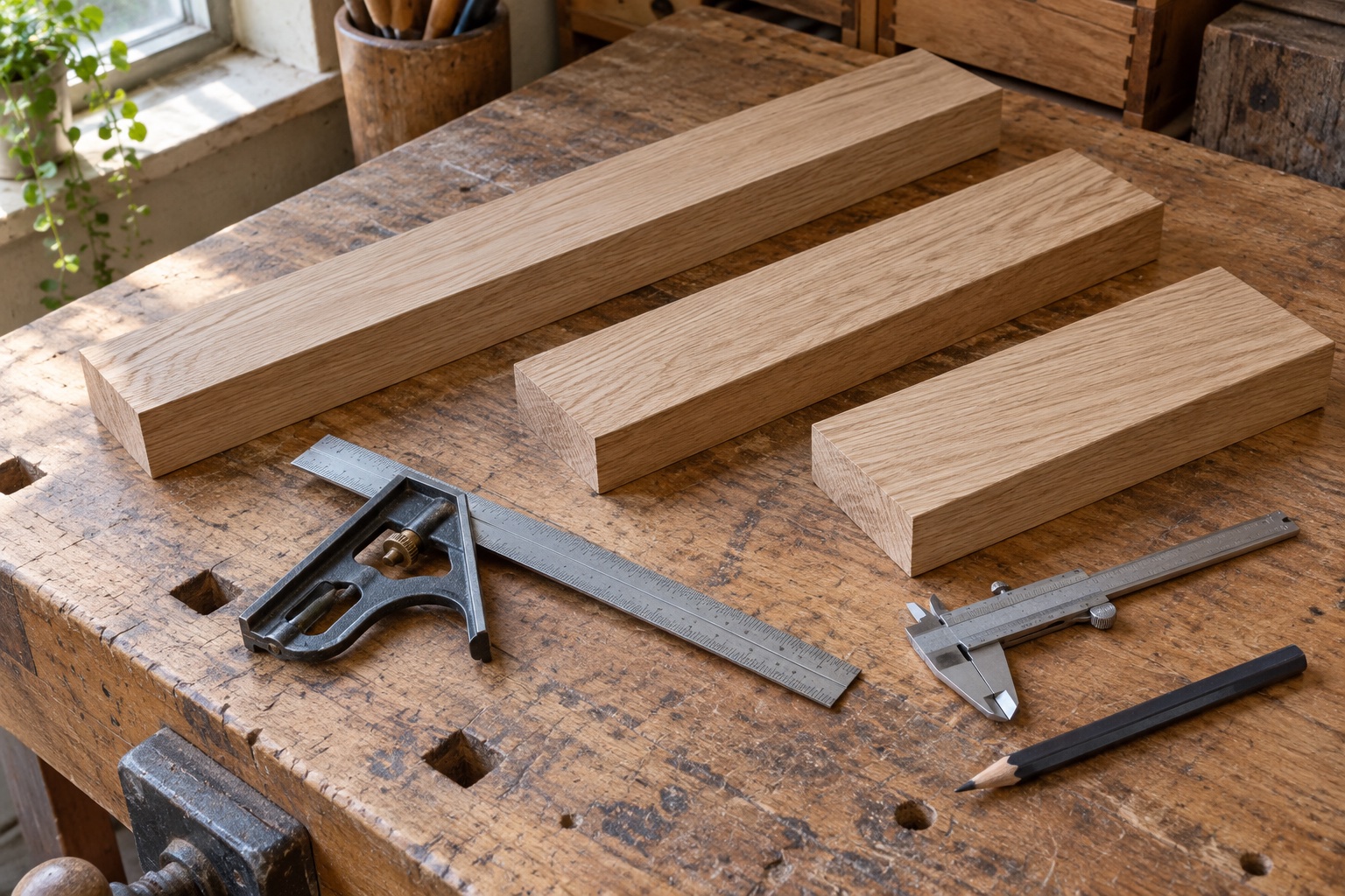 Illustration of unfinished wood offcuts with a combination square, caliper and pencil.