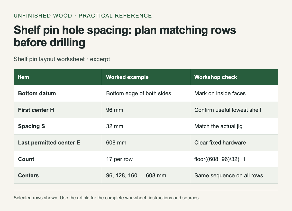 Excerpt from Shelf pin layout worksheet. The complete instructions and accessible tool follow in the article.