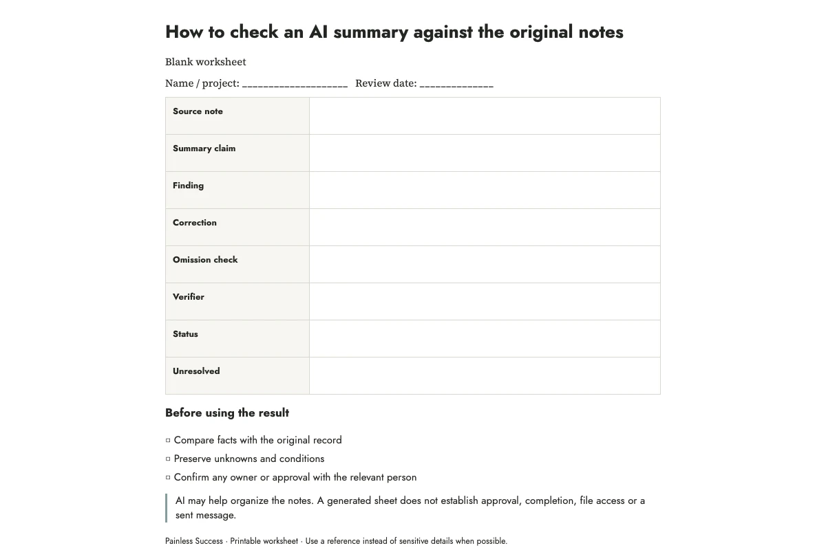 How to check an AI summary against the original notes — worksheet preview