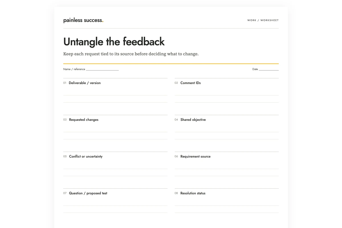 How to organize conflicting feedback with a review matrix — worksheet preview
