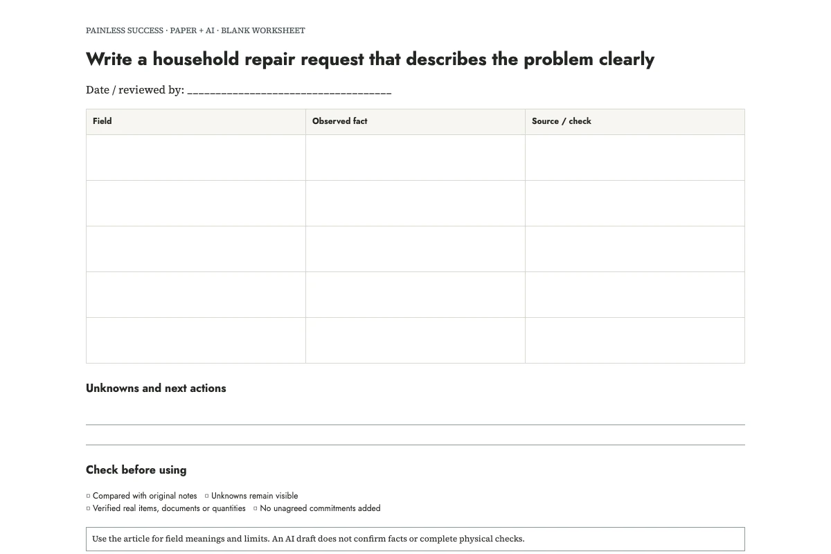 Write a household repair request that describes the problem clearly — worksheet preview