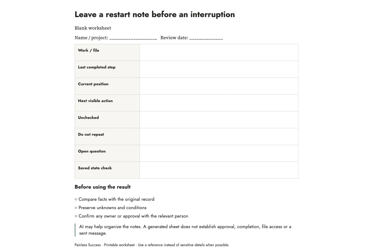 Leave a restart note before an interruption — worksheet preview