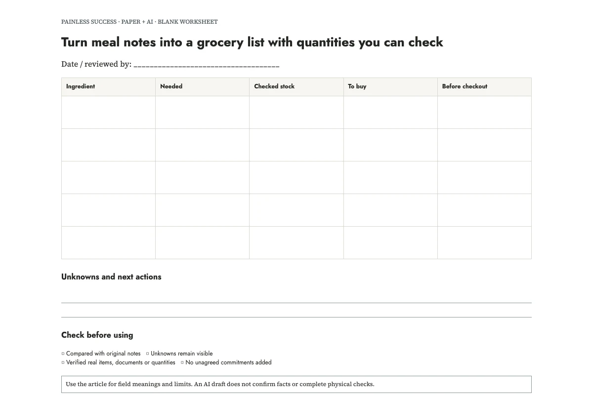 Turn meal notes into a grocery list with quantities you can check — worksheet preview