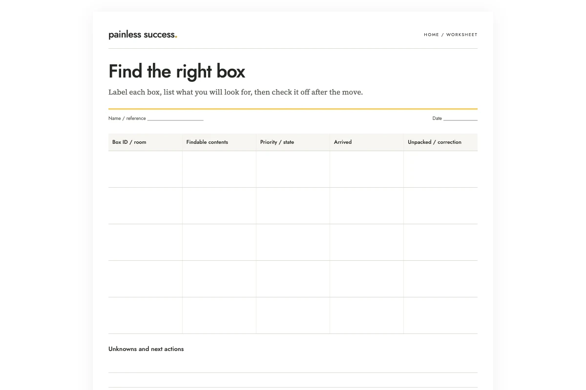 A moving-box inventory that tells you where to look first — worksheet preview