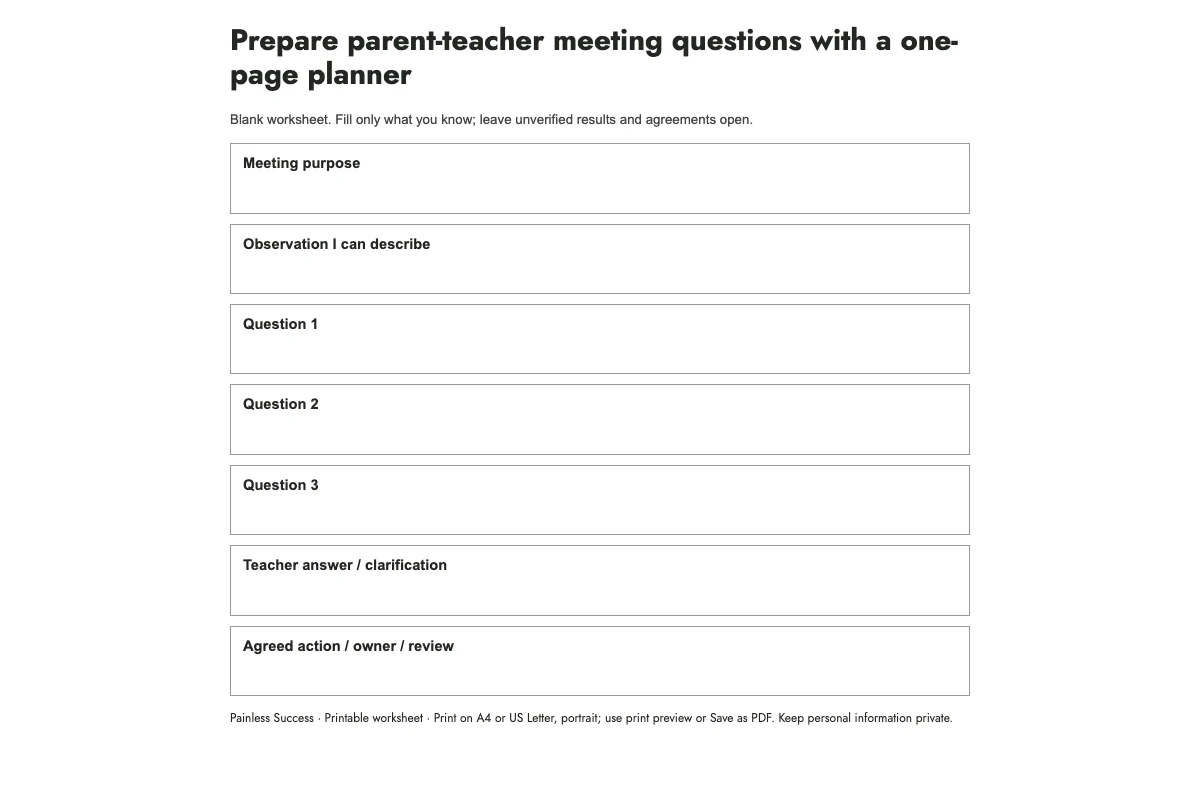 Prepare parent-teacher meeting questions with a one-page planner — worksheet preview