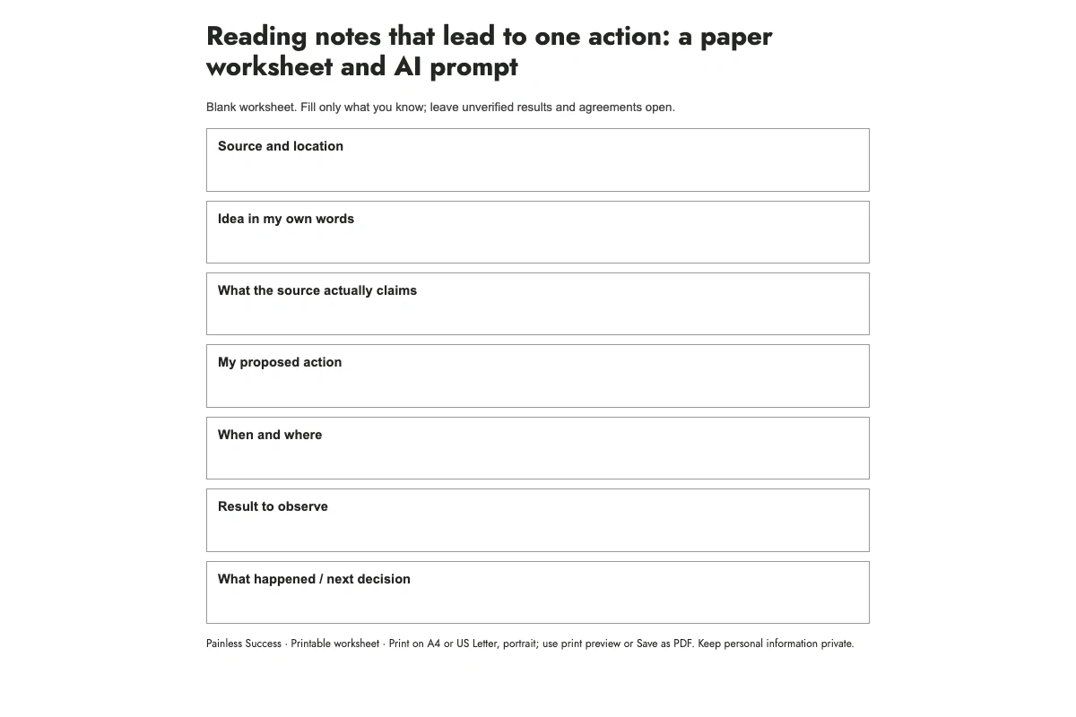 Reading notes that lead to one action: a paper worksheet and AI prompt — worksheet preview
