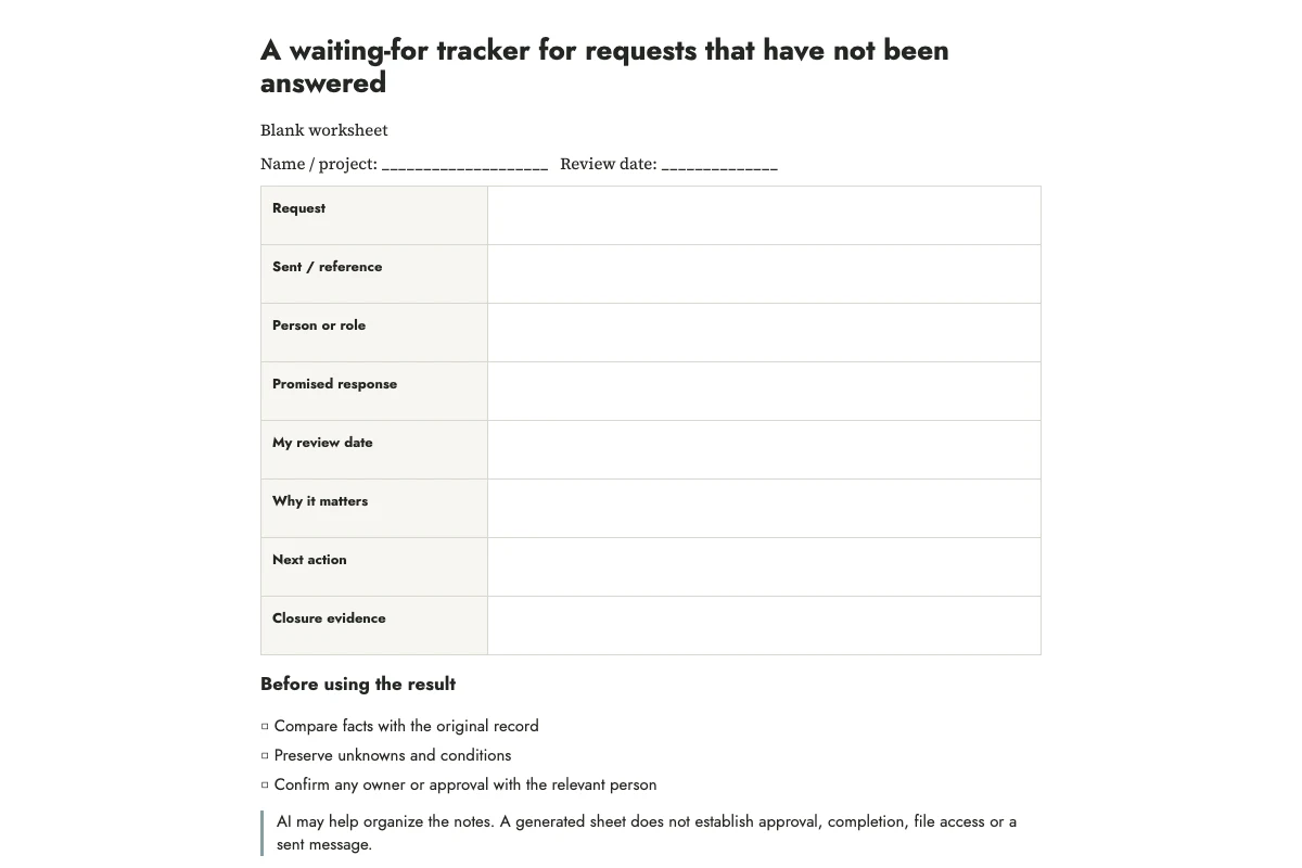A waiting-for tracker for requests that have not been answered — worksheet preview