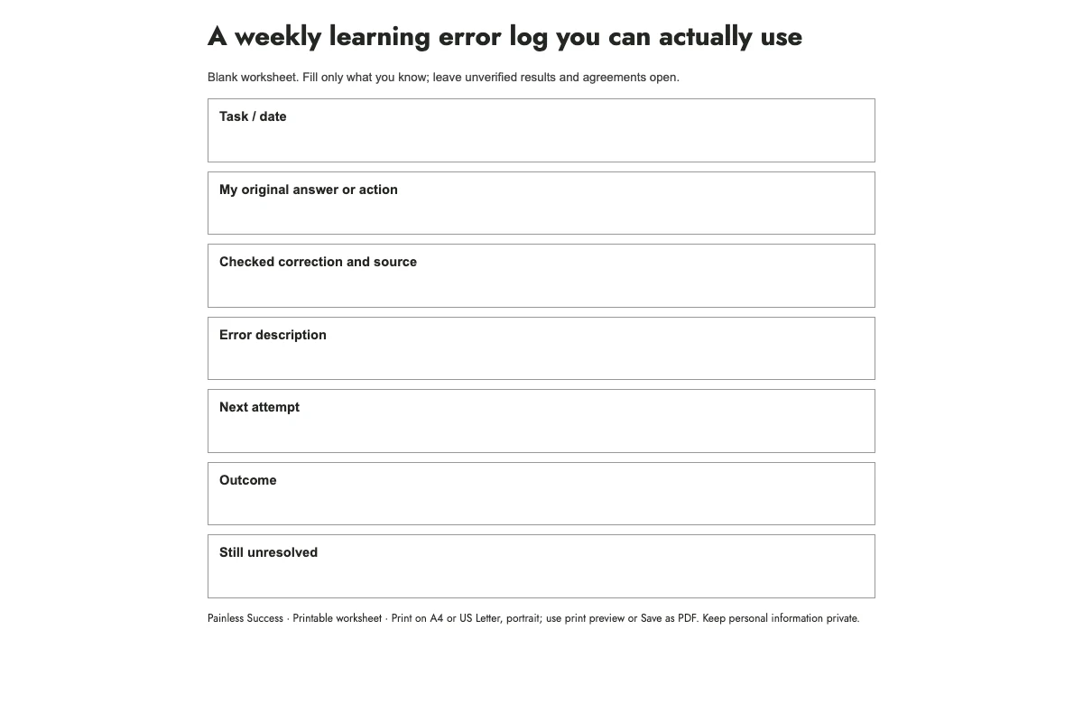A weekly learning error log you can actually use — worksheet preview